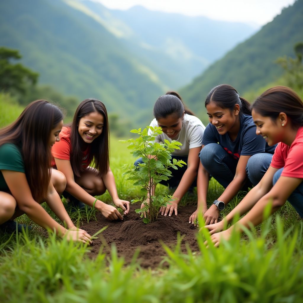 Estudiantes participando en un proyecto de reforestación en las montañas de Colombia.